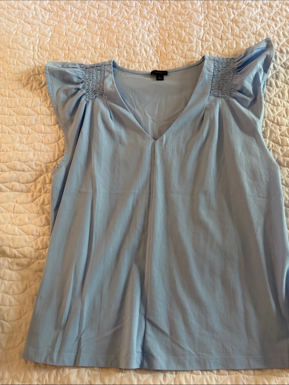 Ann Taylor Light Blue V-Neck Smocked Cap Sleeve Blouse